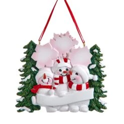 Snowman Family Of 3 With Snowy Christmas Tree & Snowflakes Ornament For Personalization
