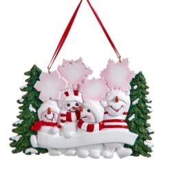 Snowman Family Of 4 With Snowy Christmas Tree & Snowflakes Ornament For Personalization
