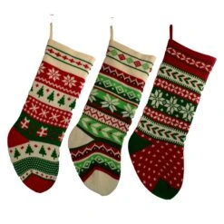 Red, Green And Ivory Knit Snowflake And Christmas Tree Stockings, 3 Assorted
