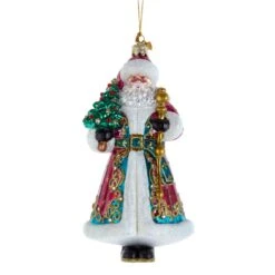 Bellissimo Glass Santa With Christmas Tree And Staff Ornament