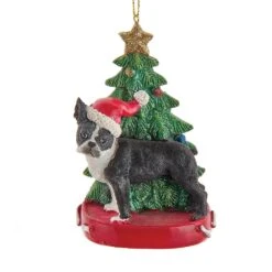 Boston Terrier With Christmas Tree Ornament For Personalization