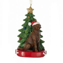 Chocolate Labrador With Christmas Tree Ornament For Personalization