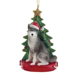 Siberian Husky With Christmas Tree Ornament For Personalization