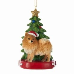 Pomeranian With Christmas Tree Ornament For Personalization