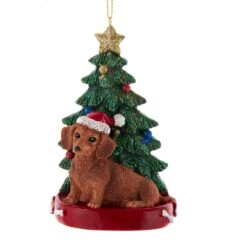 Red Daschund With Christmas Tree Ornament For Personalization