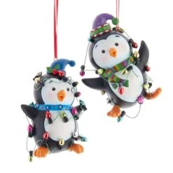 Penguins With Christmas Lights Ornaments, 2 Assorted