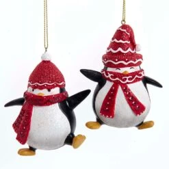 Red Christmas Penguin Ornaments, 2 Assorted
