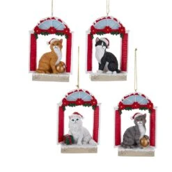 Christmas Cat In Window Ornaments, 4 Assorted