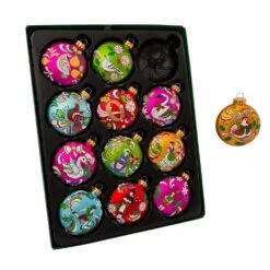 65MM Glass 12 Days Of Christmas Glass Ball Ornaments, 12-Piece Box -Fancy Decor House Shop gg0638