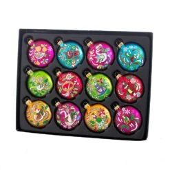 65MM Glass 12 Days Of Christmas Glass Ball Ornaments, 12-Piece Box -Fancy Decor House Shop gg0638 01