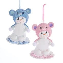 "Baby's 1st Christmas" Snow Bear Boy And Girl Ornaments For Personalization, 2 Assorted