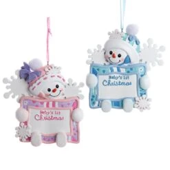 Baby's 1st Christmas Snow Boy& Snow Girl With Sign Ornament For Personalization, 2 Assorted