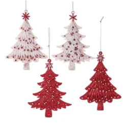 Red And White Glittered Christmas Tree Ornaments, 4 Assorted