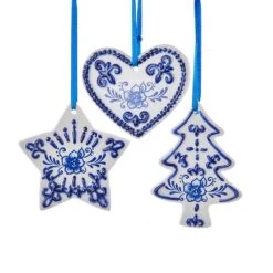 Delft Blue Heart/Christmas Tree/Star Ornaments, 3 Assorted
