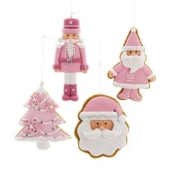 Pink And White Santa, Nutcracker, Christmas Tree And Santa Head Ornaments, 4 Assorted