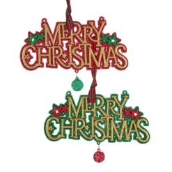 Red, Green And Gold Glittered "Merry Christmas" Sign Ornaments, 2 Assorted