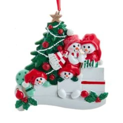Snowmen Around Christmas Tree With Gifts Family Of 4 Ornament For Personalization
